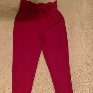 Burgundy casual cropped ankle bottoms w/ waist tie